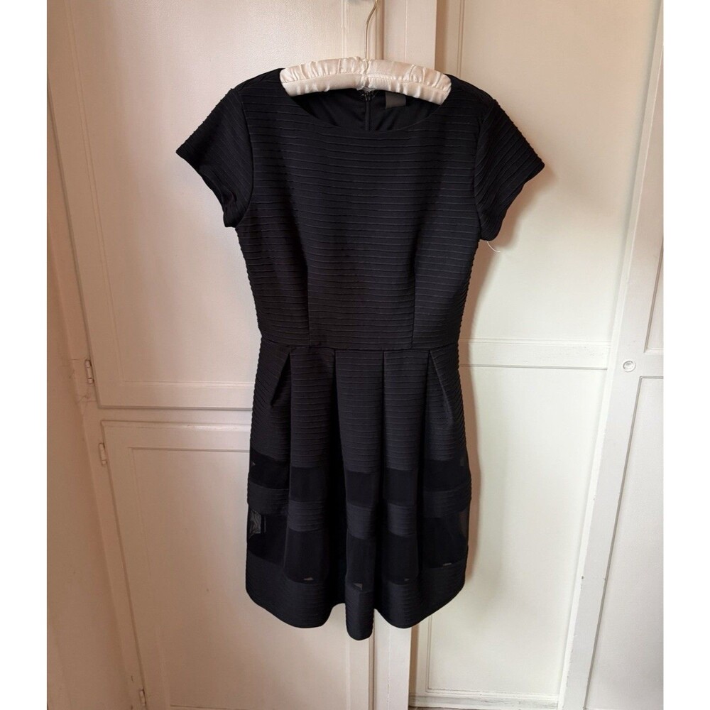 Taylor Black Pintuck Fit Flare Cocktail Dress Mesh Stripe Short Sleeve - Size 10